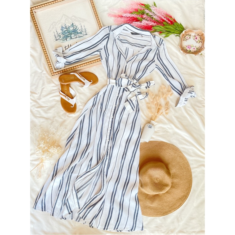 Zara White Navy Striped Maxi Shirt Dress Sz XS Coastal Western Boho